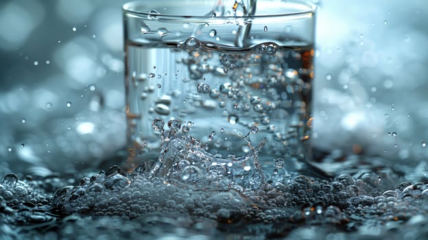 Water pouring into glass creating splash and bubbles abstract background photo