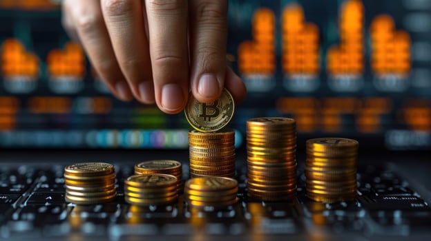 Digital currency stacking coins on keyboard for investment and financial growth photo