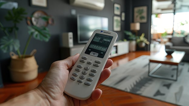 Controlling home climate air conditioner remote in living room setting photo