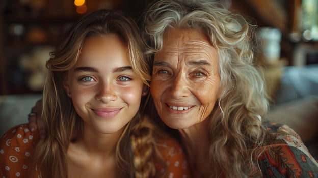 Portrait of two women of different generations hugging with affectionate smiles photo