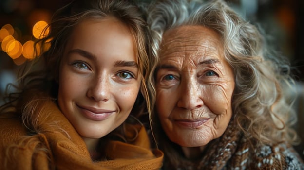 Intergenerational portrait of grandmother and granddaughter embracing togetherness with warm affection and smiling faces photo