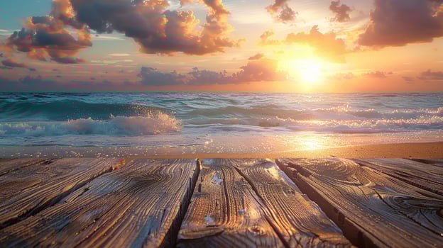 Coastal sunset scenery with wooden pier and ocean waves photo