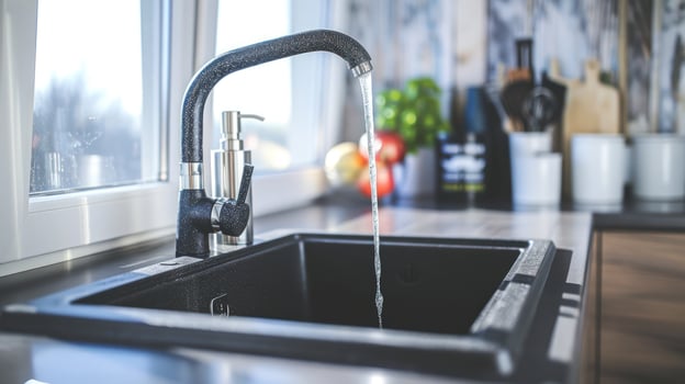 Modern kitchen sink faucet with running water for home interior design photo