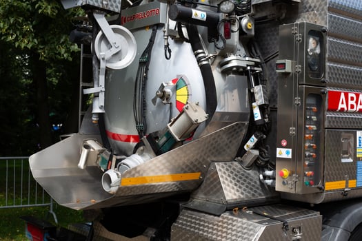 Moscow, Russia, August 6, 2025. Industrial vehicle for cleaning sewers and air ducts of Cappellotto brand for cleaning sewers and air ducts, system collects waste water for reuse in continuous cycle photo