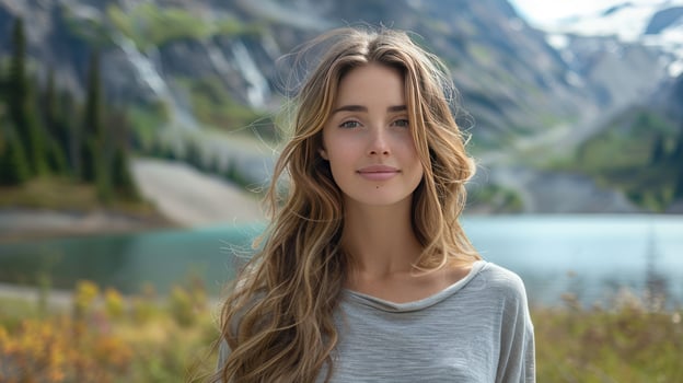 Young woman posing by lake with mountain backdrop calm lifestyle scenic travel photo