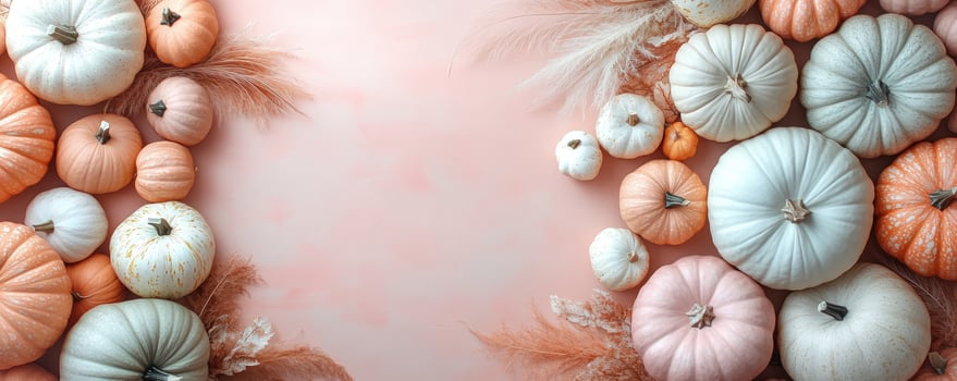 Autumnal Pumpkins and Pampas Grass with Pink Background. photo