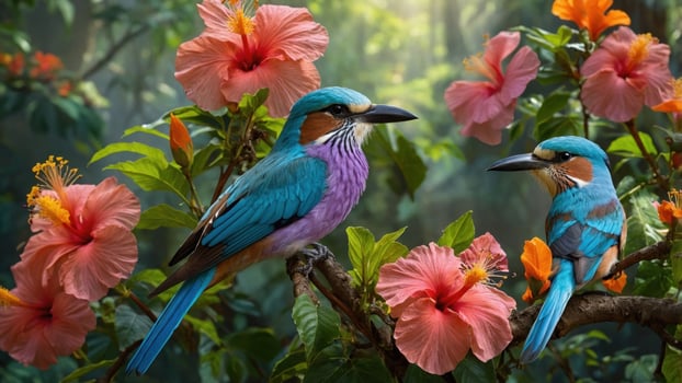 Two colorful birds perched on a branch surrounded by vibrant hibiscus flowers in a lush forest photo