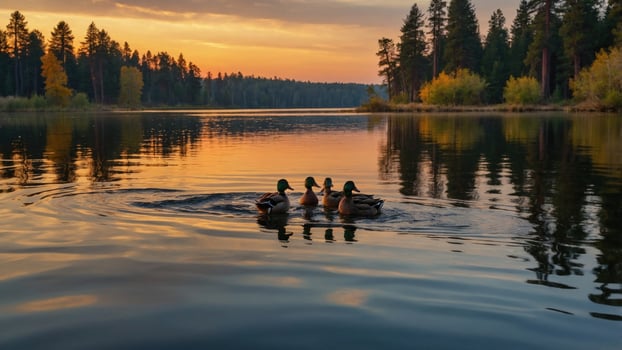 Four ducks swimming in a serene lake at sunset, surrounded by trees and a colorful sky photo
