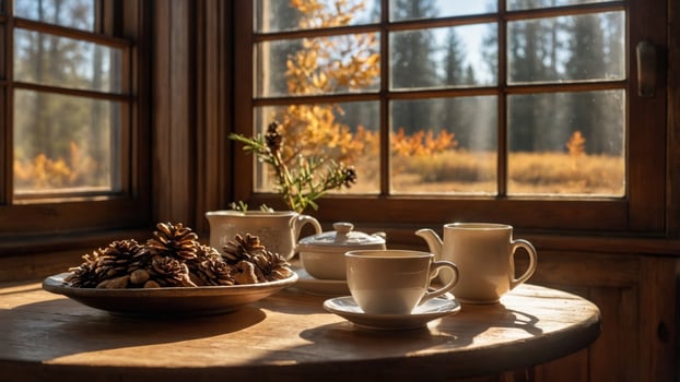 Cozy autumn scene featuring a wooden table with tea cups and pinecones, framed by a sunny window photo