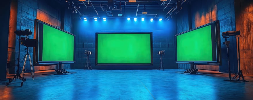 Empty studio with three green screens, stage lights, and tripods. photo