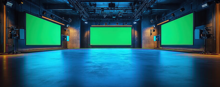 Empty stage with three blank green screens in a dark room with blue lighting. photo