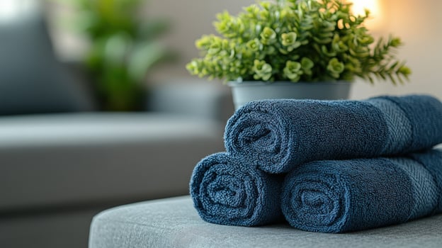 Three blue towels rolled up on a gray ottoman, with a green plant in the background, creating a clean and inviting spalike atmosphere. photo