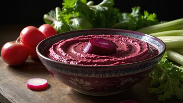 Vibrant beetroot hummus served in a decorative bowl, surrounded by fresh vegetables on a rustic table photo