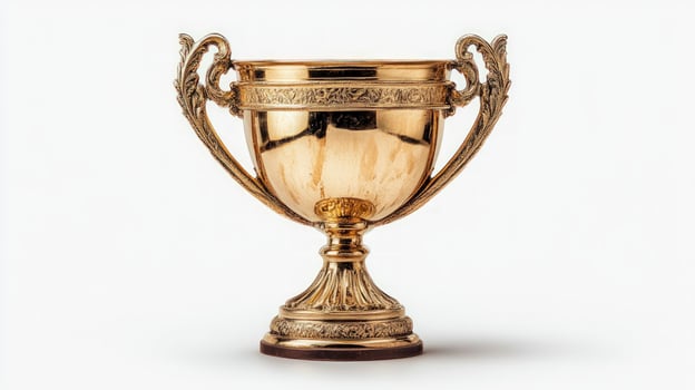 A shiny golden trophy with two handles and intricate details on a white background. photo