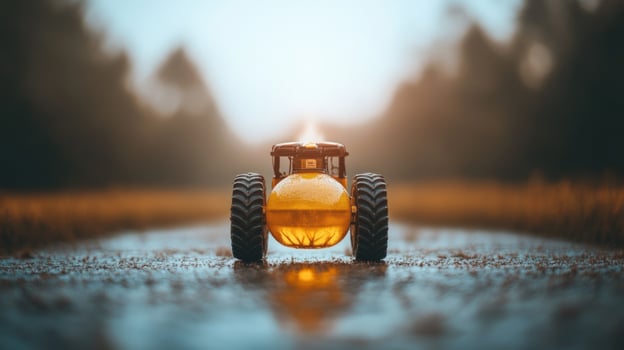 A yellow and black toy tractor on a dusty road with a blurred sunset background. photo