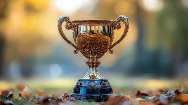 A golden trophy stands on a bed of autumn leaves with a blurred background of fall foliage. photo