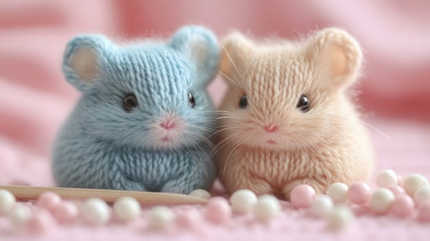 Two adorable knitted mice, one blue and one beige, sitting sidebyside on a pink background surrounded by white and pink beads. photo