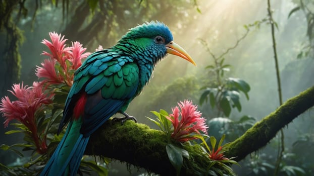 Vibrant bird perched on a mossy branch surrounded by lush tropical flowers in a sunlit rainforest photo