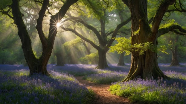 Serene forest path illuminated by sunlight filtering through lush green trees, surrounded by blooming flowers photo
