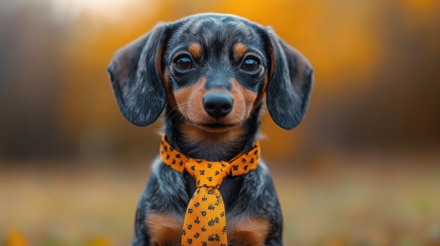 A cute dachshund puppy with a bow tie looking at the camera. photo