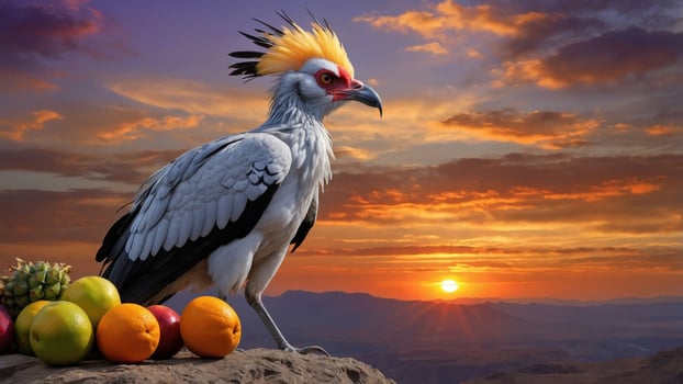 Majestic bird with vibrant plumage perched on rocks, surrounded by fresh fruits at sunset photo