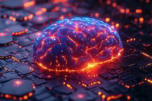 A glowing digital brain rests on a circuit board, symbolizing artificial intelligence. photo