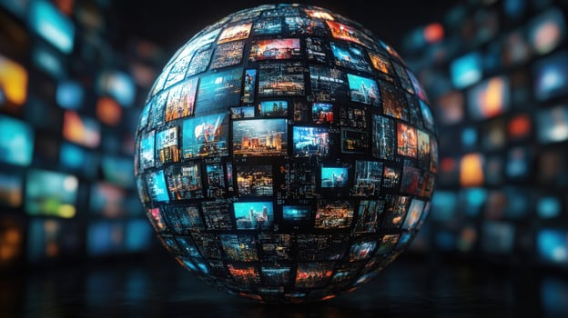 A sphere composed of various images, representing a digital world, the internet, or a global network. photo