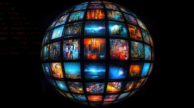 A sphere composed of multiple screens, each displaying a different image, against a black background. photo