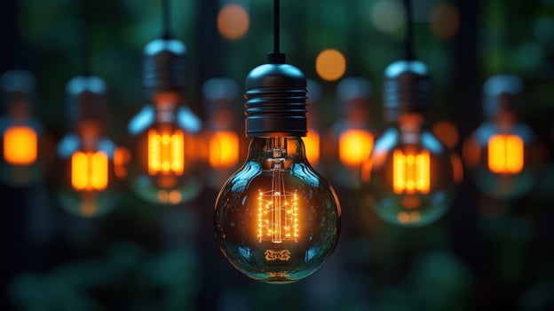 A string of glowing Edison bulbs hanging against a dark background. photo