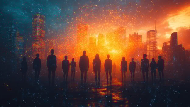 Silhouettes of people standing in front of a city skyline at sunset, with a glowing, futuristic effect. photo