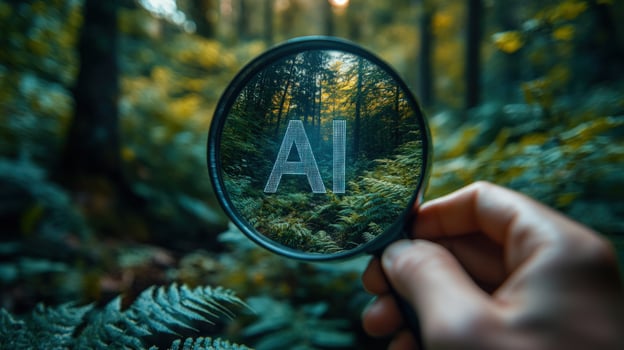 A magnifying glass with the letters AI in focus, revealing a lush forest scene. photo
