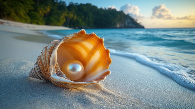 A single, perfect pearl rests inside a seashell on a pristine white sandy beach with turquoise water and a tropical island in the background. photo