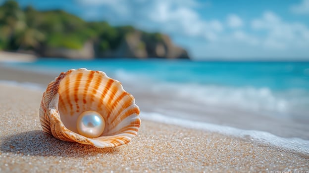 A single, white pearl nestled inside an open seashell on a sandy beach with a blurred turquoise ocean and blue sky in the background. photo