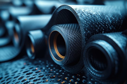 Closeup of rolled up black carbon fiber sheets, showcasing the intricate weave pattern. photo