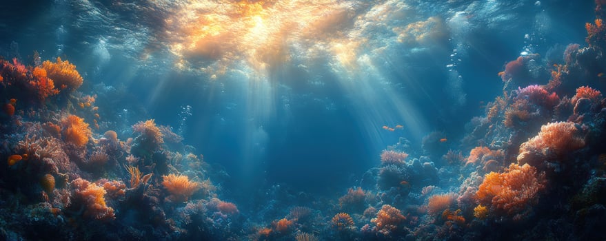 Sunlight beams through the ocean, illuminating coral reef. photo