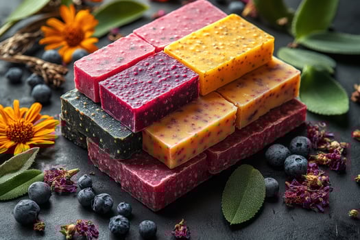 Stack of handmade soap bars with natural ingredients and fresh flowers, berries, and leaves. photo