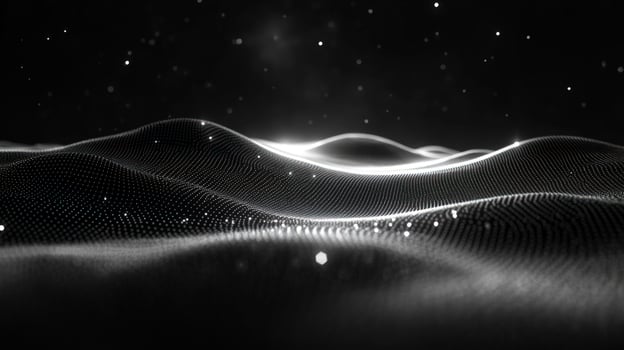 Abstract black and white wavy background with glowing particles. photo
