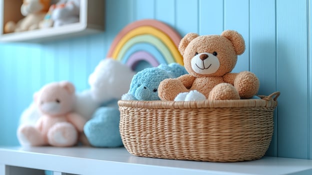 Stuffed toys in a wicker basket on a shelf with a rainbow and other toys. photo