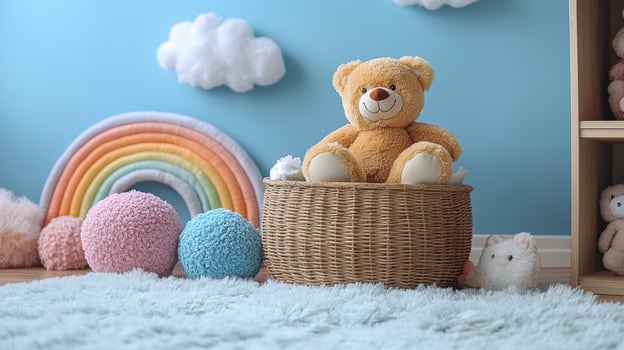 A teddy bear sits in a wicker basket on a blue rug with colorful toys in a nursery. photo