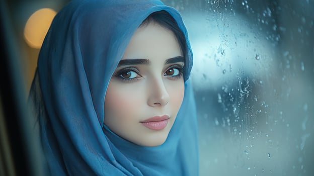 A young woman wearing a blue hijab looks out of a window with rain drops on the glass. photo