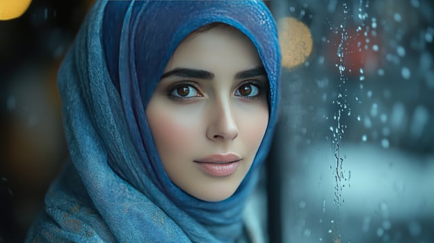 A young woman in a blue headscarf looks out a window with rain drops on the glass. photo