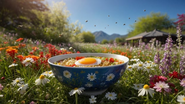 Vibrant bowl of noodles with egg surrounded by blooming flowers in a sunny garden setting photo