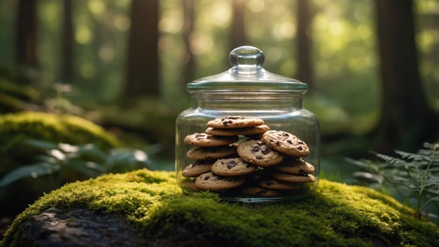 Glass jar filled with chocolate chip cookies placed on a mossy rock in a serene forest setting photo