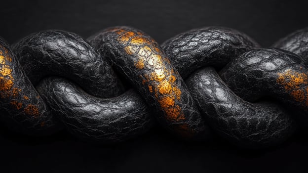 Closeup of a black leather braid with gold accents on a dark background. photo