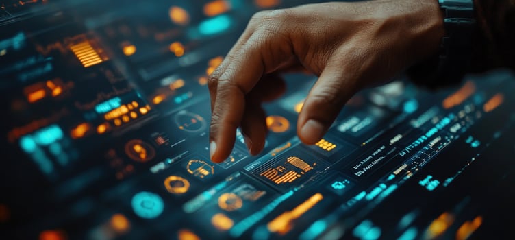 A hand interacting with a futuristic digital interface, highlighting the advancements of modern technology. photo