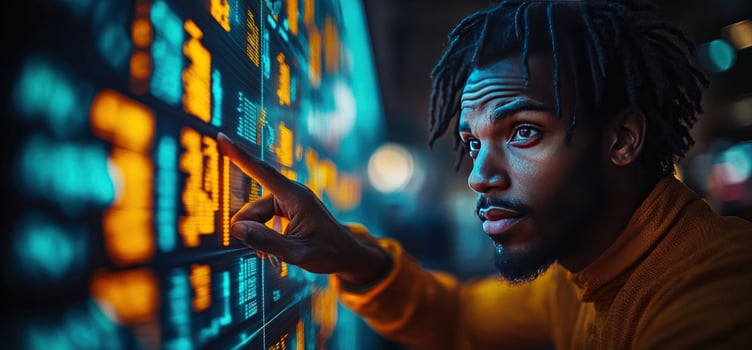 A young man with dreadlocks examines a data display illuminated with orange and blue lights. photo