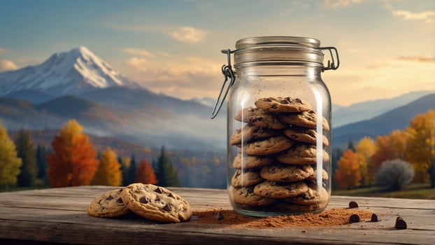 Jar of freshly baked chocolate chip cookies on a rustic wooden table with a scenic mountain backdrop photo