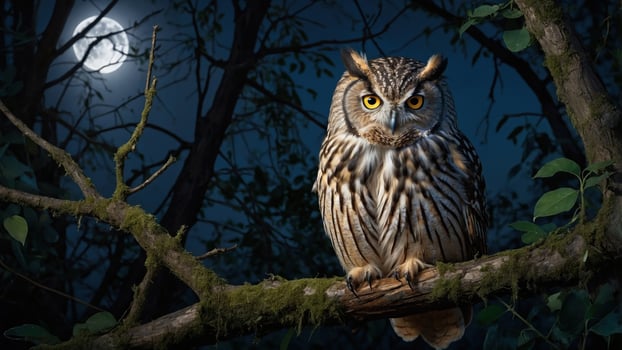 Majestic owl perched on a mossy branch under a full moon in a dark, mysterious forest photo