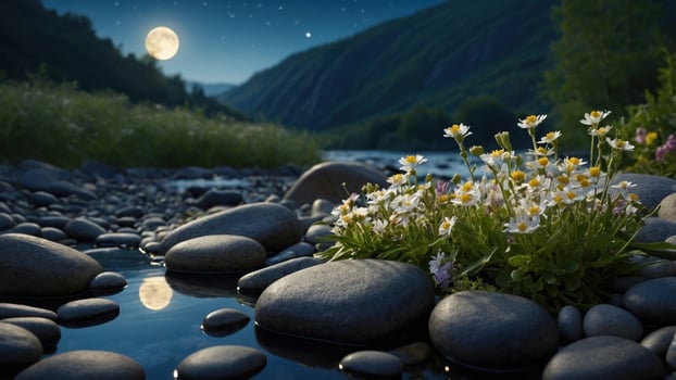 Tranquil riverside scene at night with flowers and stones reflecting moonlight under starry sky photo
