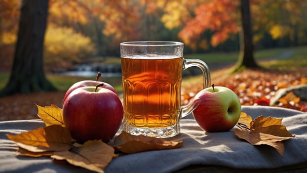 Refreshing autumn beverage in a scenic park, surrounded by vibrant leaves and apples photo
